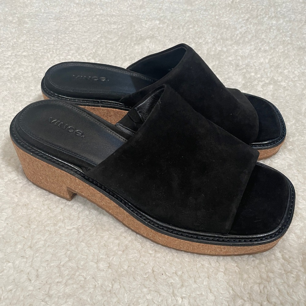 Vince Maddy-B Black Suede Cork Platform Slide Sandals Square Toe Neutral 8 - Picture 5 of 8